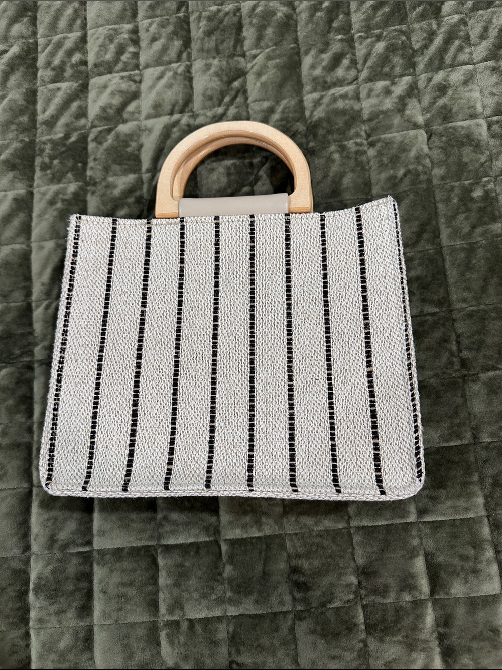 Isaac Mizrahi  Cream and  black Striped Tote with Wooden Handles-NEW